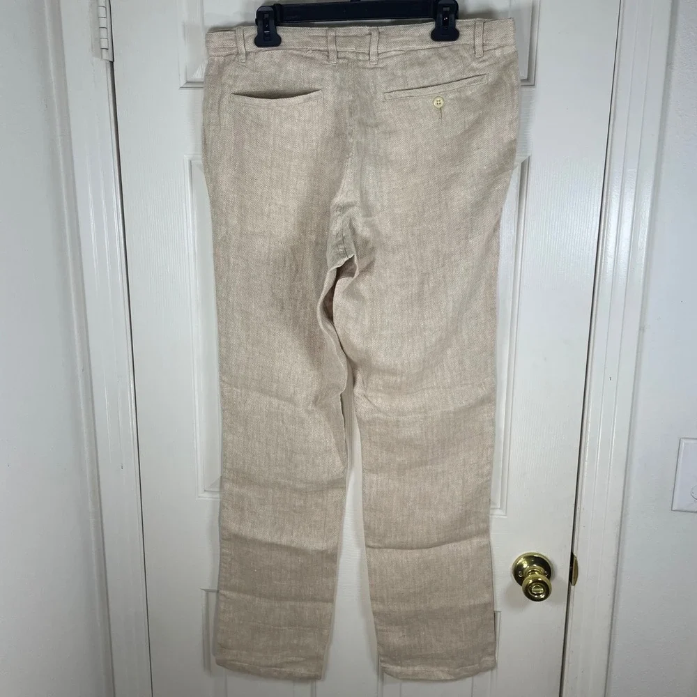 Corridor New York Mens 34 Herringbone Linen Trousers Beige Straight Leg Slacks